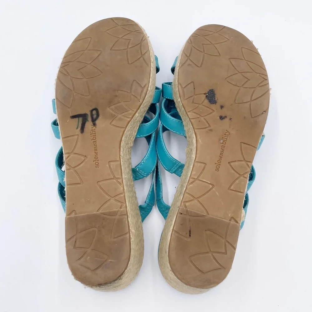 Solesenseability Mona Blue Faux Leather Flower Embellished Wedge Sandals 9.5